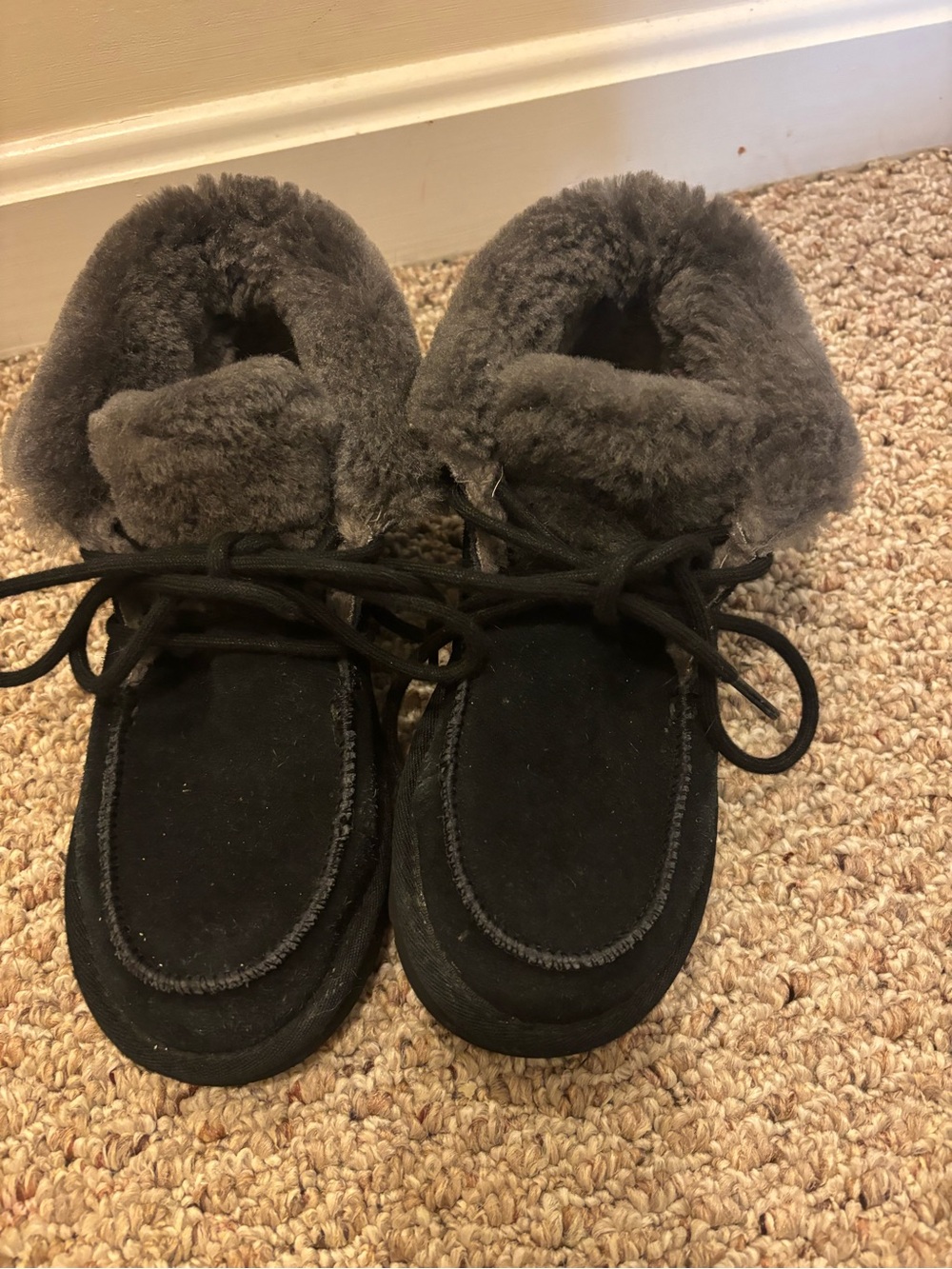 UGG Black Suede Ankle Boots with Gray Shearling Collar